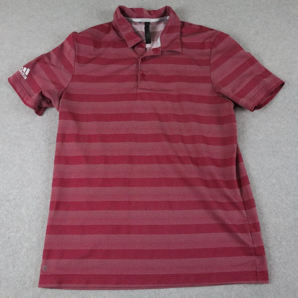 Adidas Polo Shirt Mens Medium‎ Performance Golf Pink Striped Short Sleeve